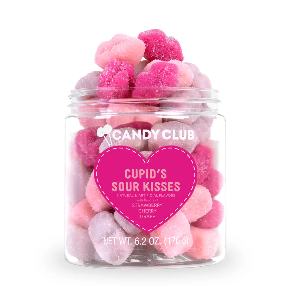 Cupid's Sour Kisses candy in a clear jar featuring strawberry, cherry, and grape flavors