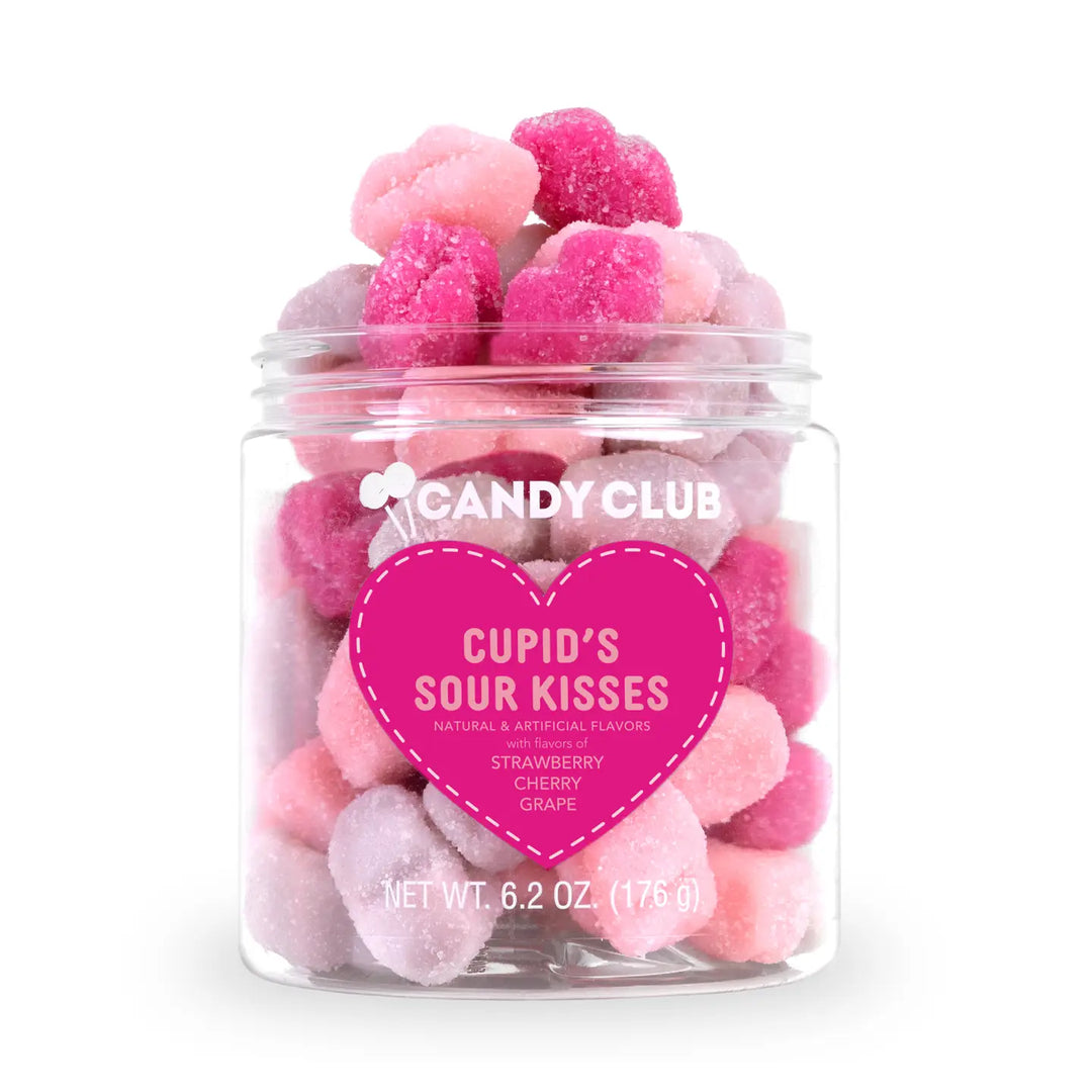 Cupid's Sour Kisses candy in a clear jar featuring strawberry, cherry, and grape flavors