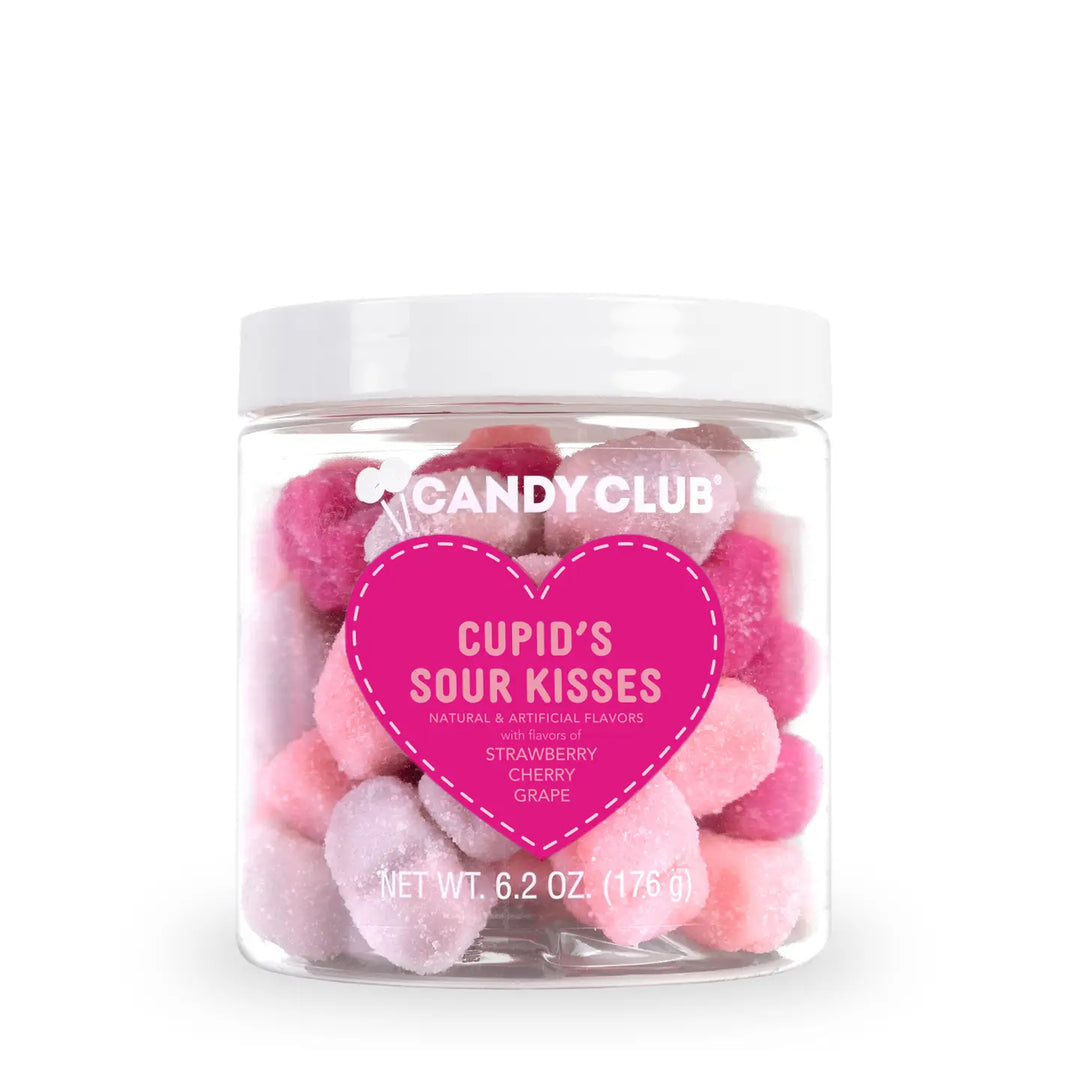 Cupid's Sour Kisses candy in a clear jar with strawberry, cherry, and grape flavors