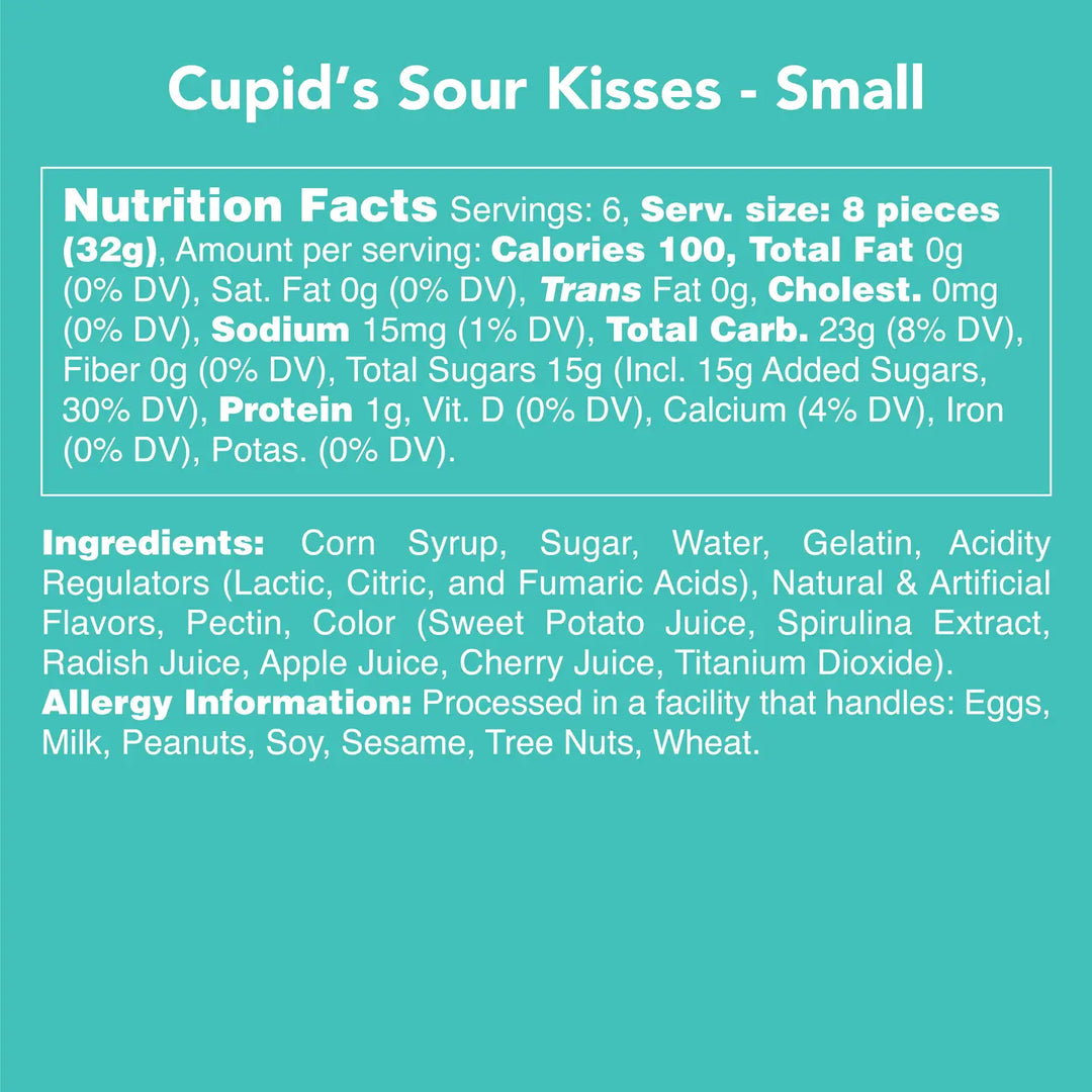 Cupid's Sour Kisses candy small pack with essential nutrition facts and ingredient details