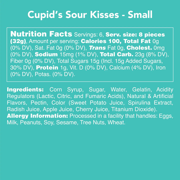 Cupid's Sour Kisses candy small pack with essential nutrition facts and ingredient details