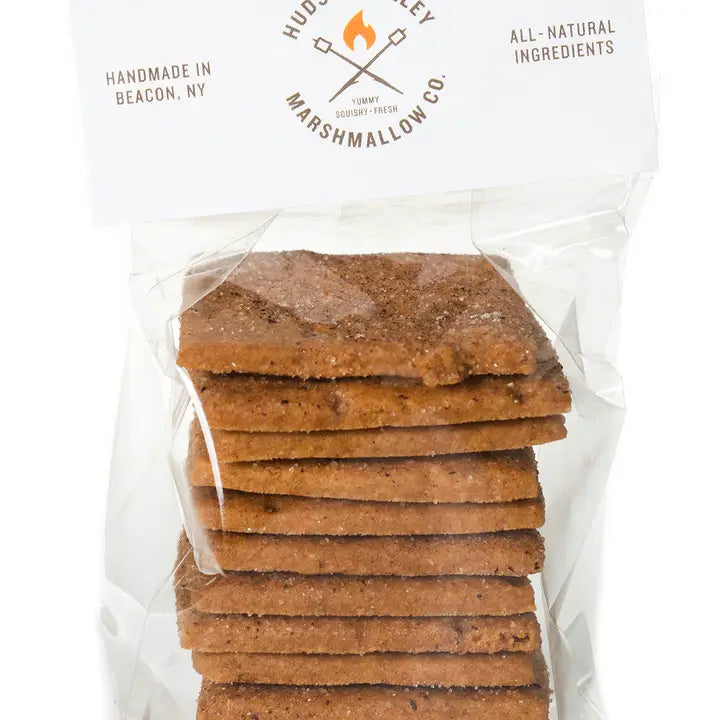 Hudson Valley Marshmallow cinnamon sugar graham crackers packaged in a clear bag, showcasing their crunchy texture