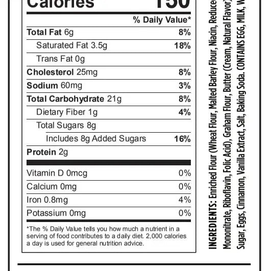Nutritional label for Hudson Valley Marshmallow cinnamon sugar graham crackers with calories and ingredient details