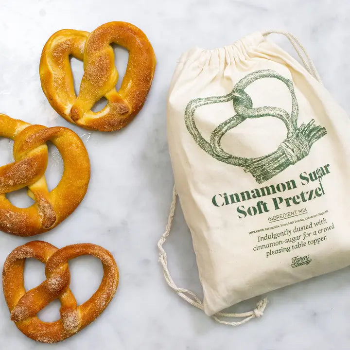 Cinnamon sugar pretzel baking kit from Farm Steady with soft pretzels sprinkled with cinnamon sugar