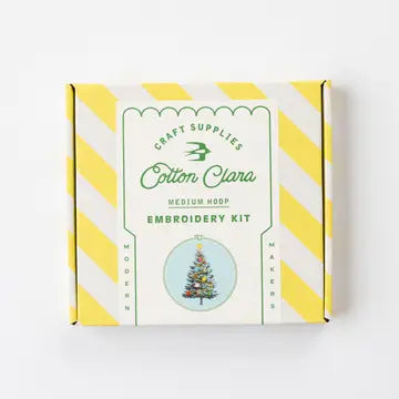 Cotton Clara Christmas Craft Kit embroidery box with medium hoop and stitched Christmas tree design