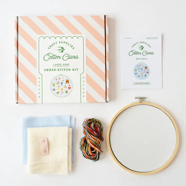 Cotton Clara Craft kit Christmas cross stitch set with wooden hoop fabric felt multicolor threads and pattern guide