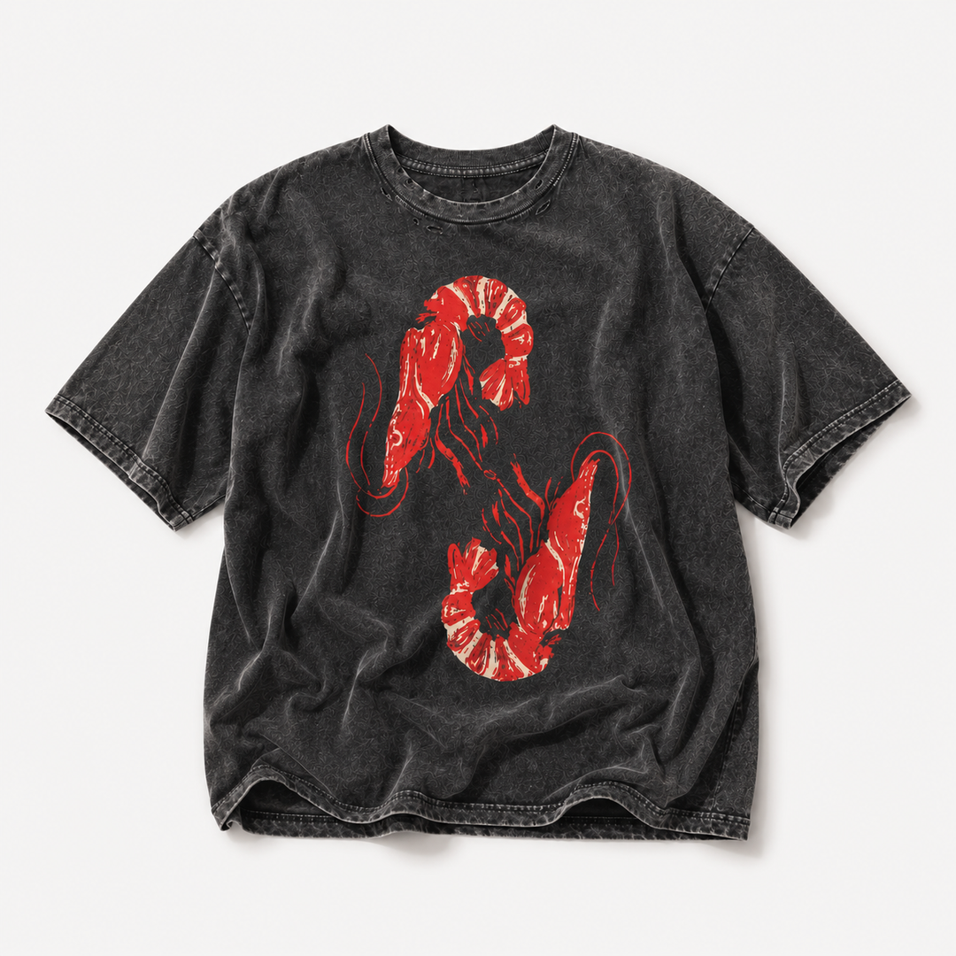 Black t-shirt with red crawfish graphic on a black background