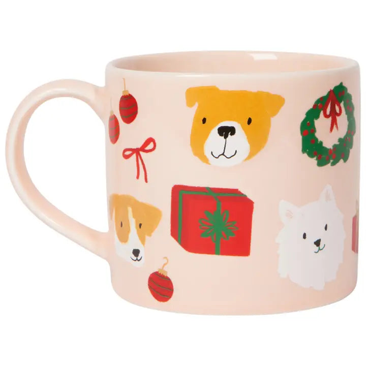 Danica holiday hound dog mug featuring festive dog illustrations and holiday decorations