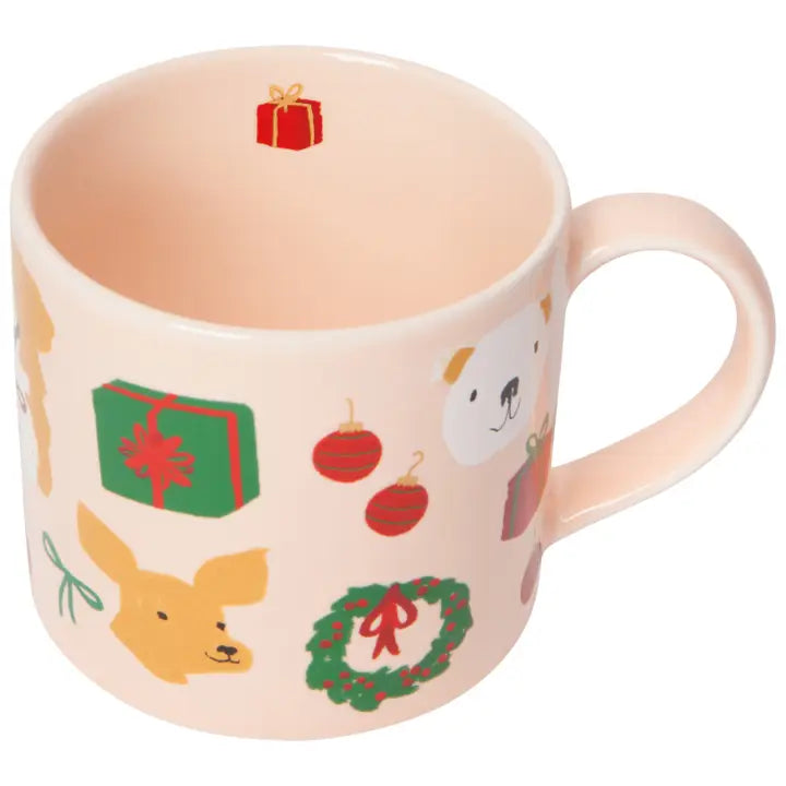 Cute holiday hound dog mug featuring festive designs of dogs, gifts, and ornaments