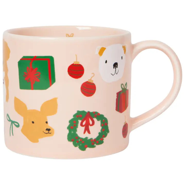 Danica holiday hound dog mug with festive designs of dogs, gifts, and ornaments for holiday cheer