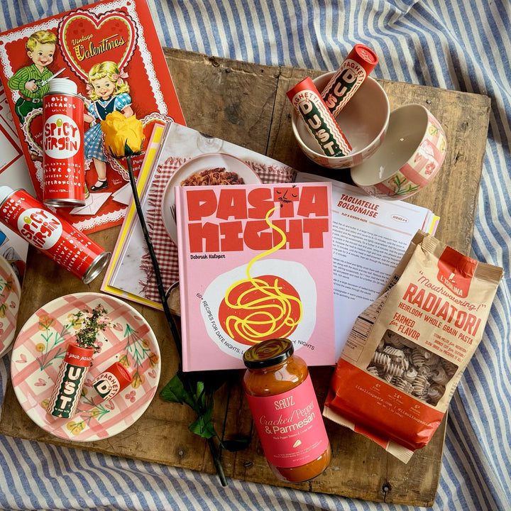 K + CO Gift Set featuring a date night gift set with pasta recipe book, cooking ingredients, and dishes