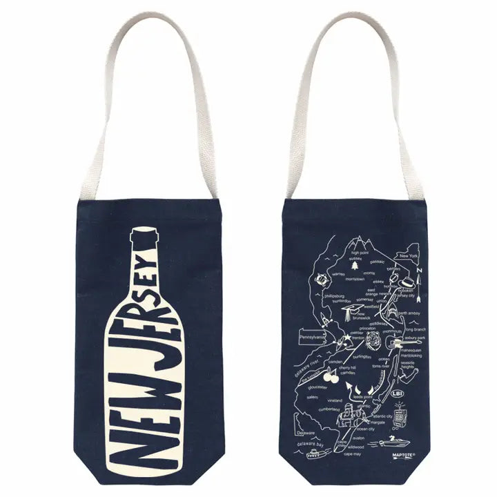 Denim wine tote New Jersey by MapTote with bottle design and New Jersey map print on navy fabric