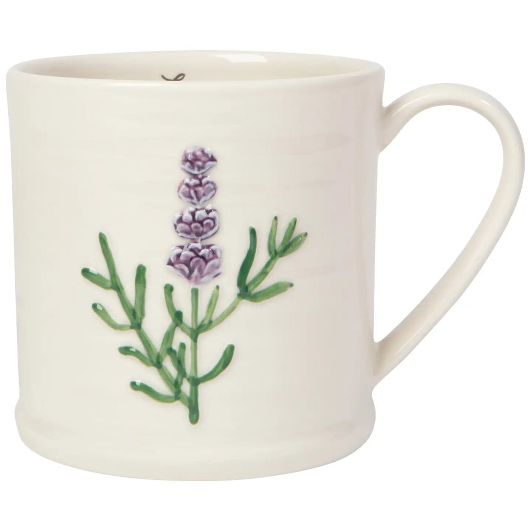 Danica embossed lavender mug featuring a delicate lavender design and green accents
