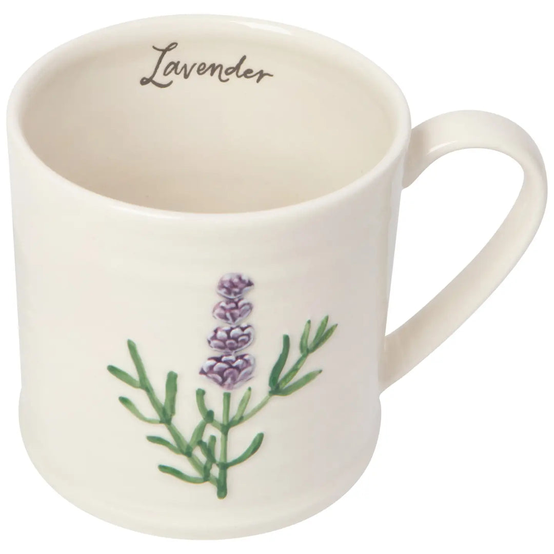 Danica embossed lavender mug featuring a delicate lavender design for cozy beverage moments