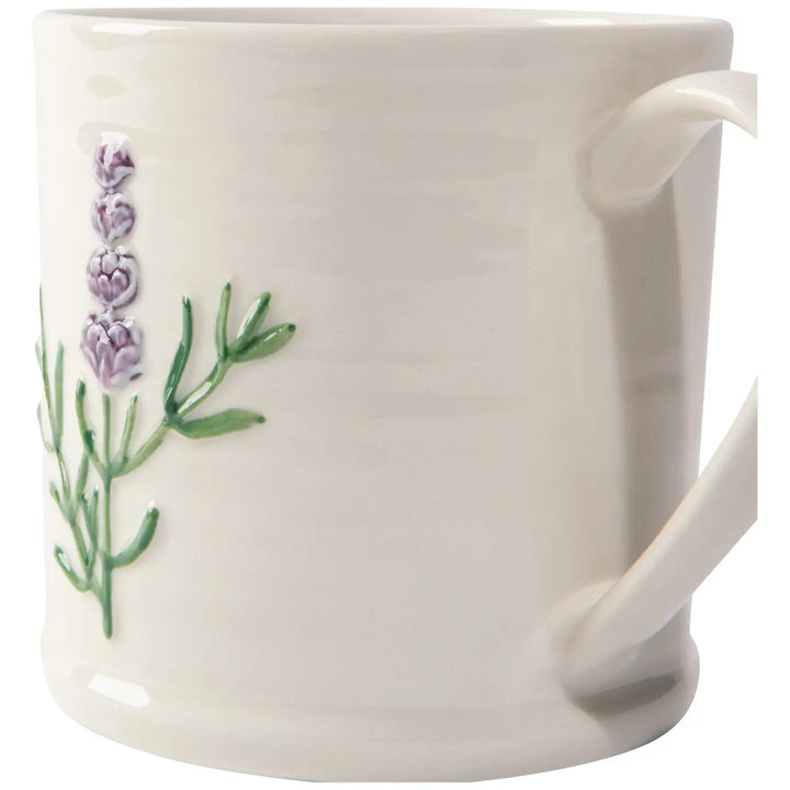 Danica embossed lavender mug featuring a delicate lavender design with green accents