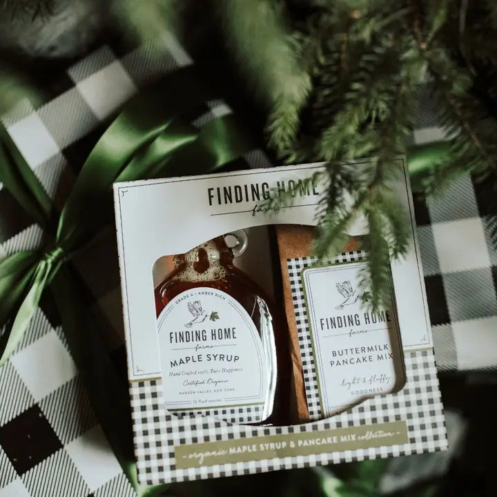 Finding Home Farms maple syrup and pancake mix gift set in a festive box with green ribbon
