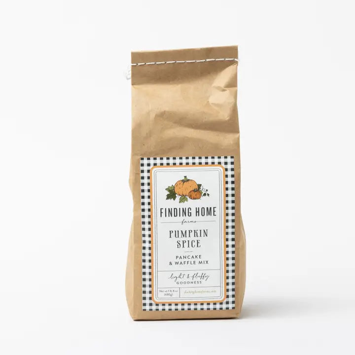 Finding Home Farms pumpkin spice pancake mix in a rustic brown paper bag for flavorful breakfasts
