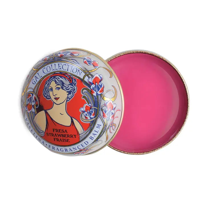 Kalastyle Soap Co vintage round tin with decorative lid open showing bright pink strawberry scented lip balm in smooth solid