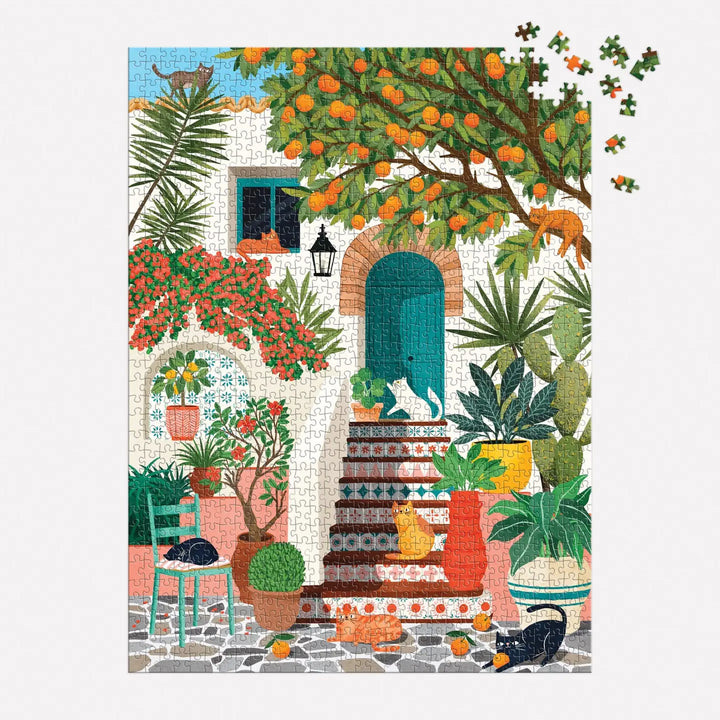 Colorful Mediterranean cats puzzle design featuring vibrant plants and a serene outdoor scene