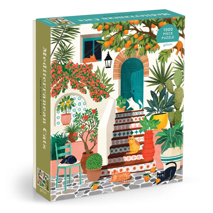 Mediterranean cats puzzle featuring vibrant 1000-piece art of cats in a colorful courtyard