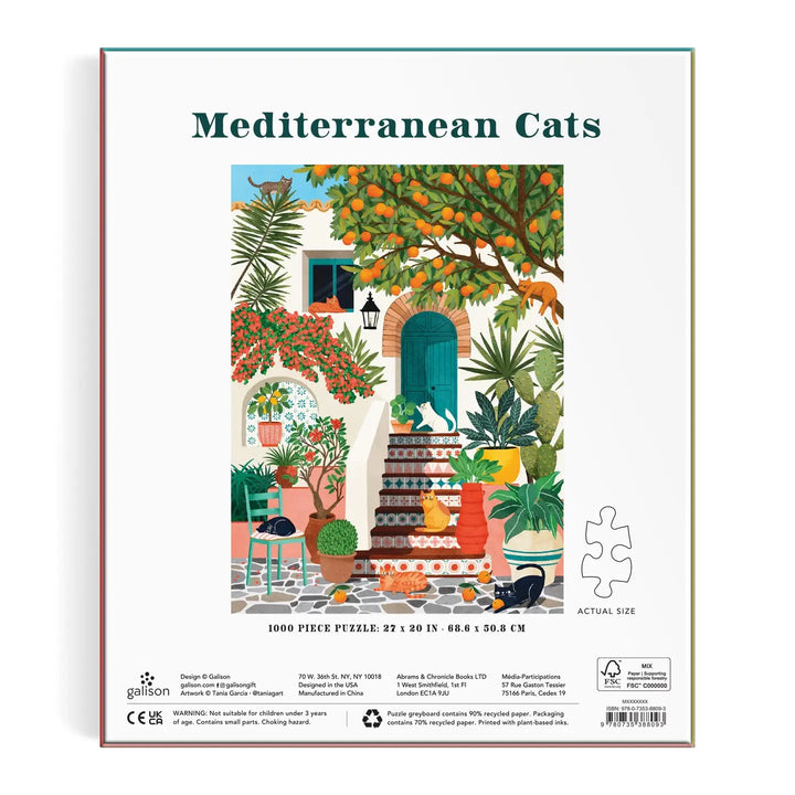 Mediterranean cats puzzle featuring vibrant artwork of cats in a sunny Mediterranean setting