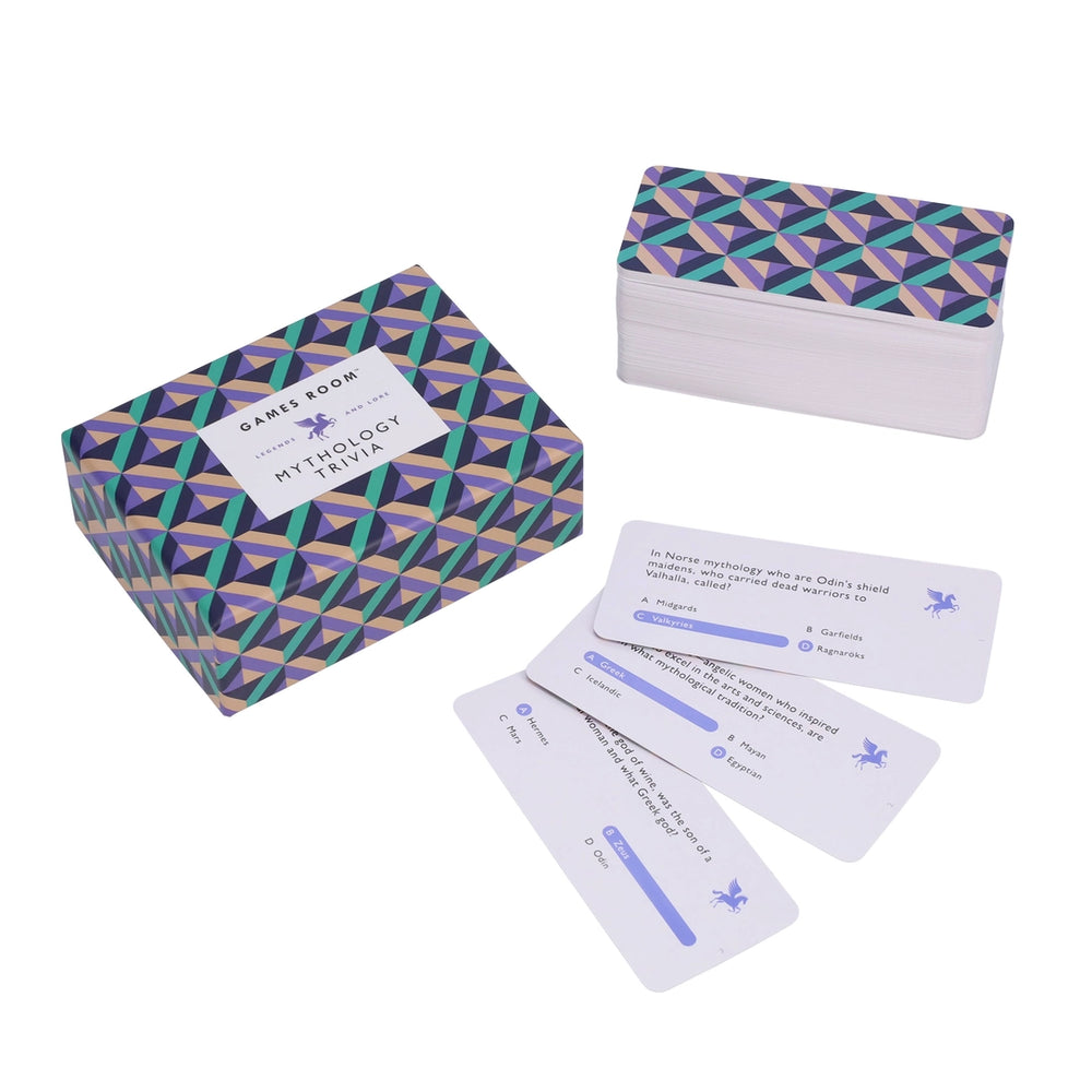 Chronicle Mythology Trivia Game box and question cards featuring colorful geometric design