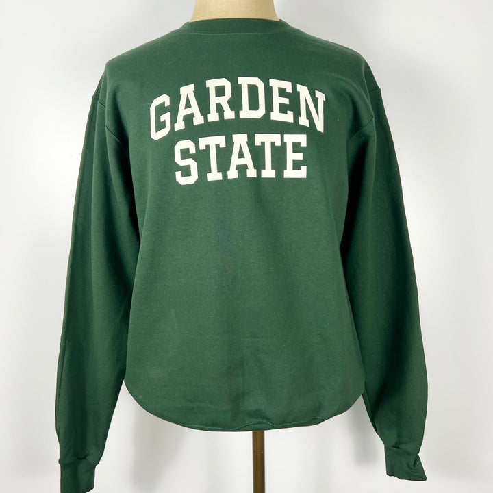 Kanibal & Co. green Garden State sweatshirt with white block lettering on back long sleeves