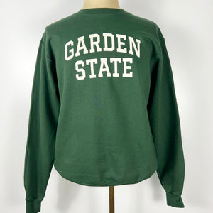 Kanibal & Co. green Garden State sweatshirt with white block lettering on back long sleeves