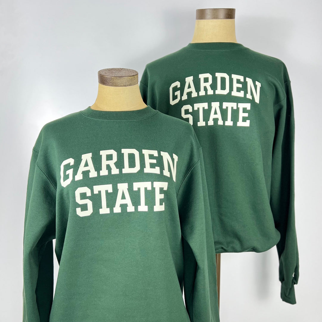 Kanibal & Co. green Garden State sweatshirt with white bold lettering front and back