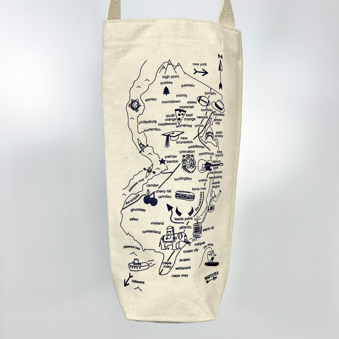 MapTote New Jersey wine tote canvas bag with illustrated NJ map landmarks and bottle carrier handles