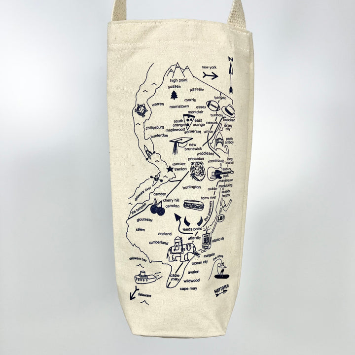 MapTote New Jersey wine tote canvas bag with illustrated NJ map landmarks and bottle carrier handles