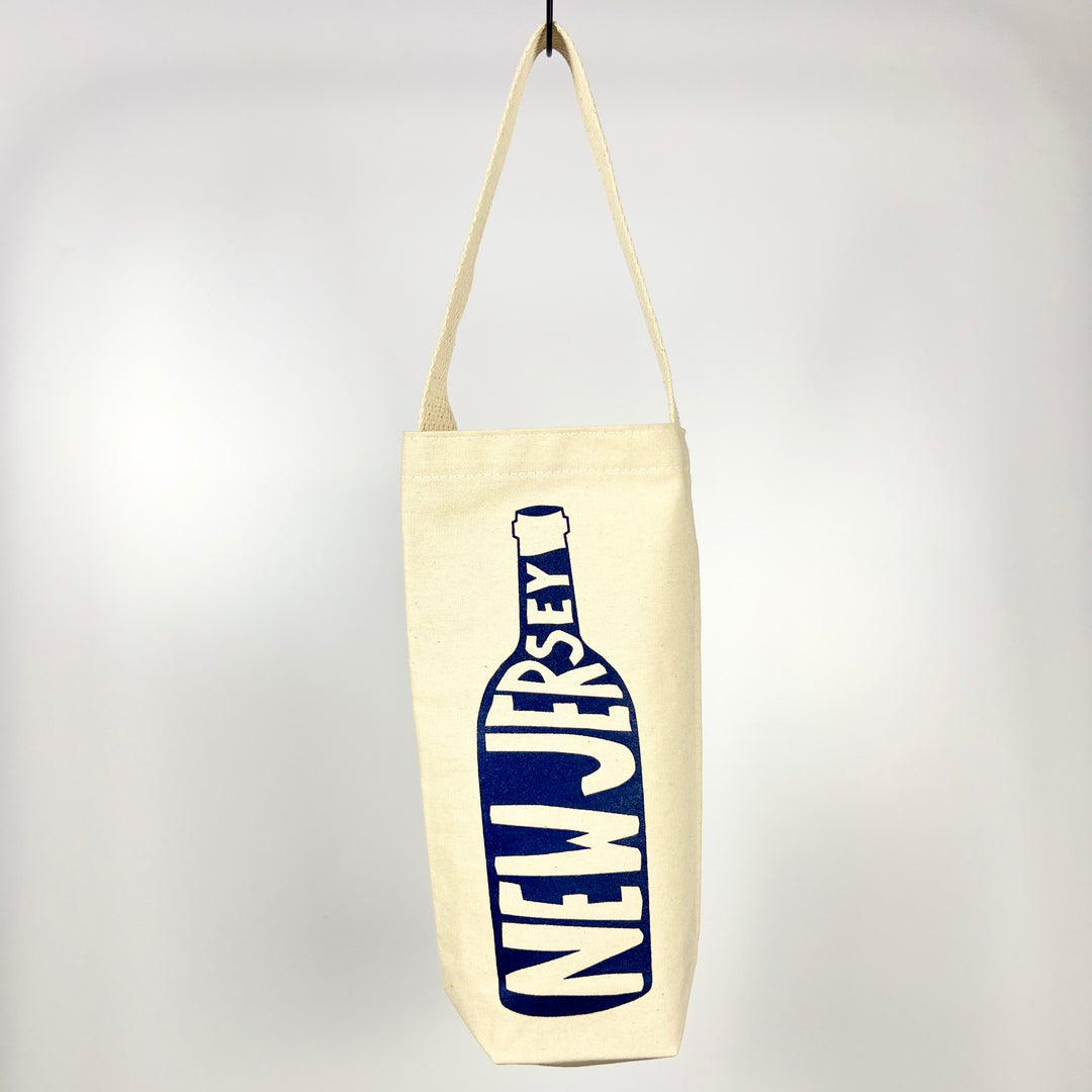 MapTote New Jersey wine tote cream canvas single bottle carrier with navy bottle graphic and shoulder strap