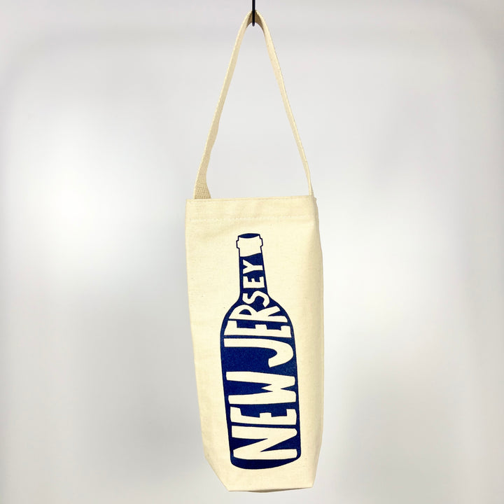 MapTote New Jersey wine tote cream canvas single bottle carrier with navy bottle graphic and shoulder strap