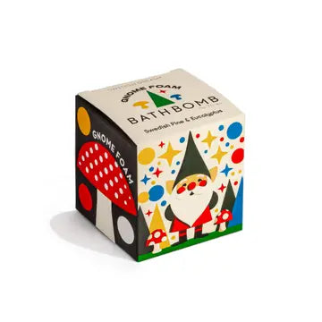 Gnome Pine Bath Bomb by Kalastyle Soap Co in colorful packaging with gnome and mushroom design