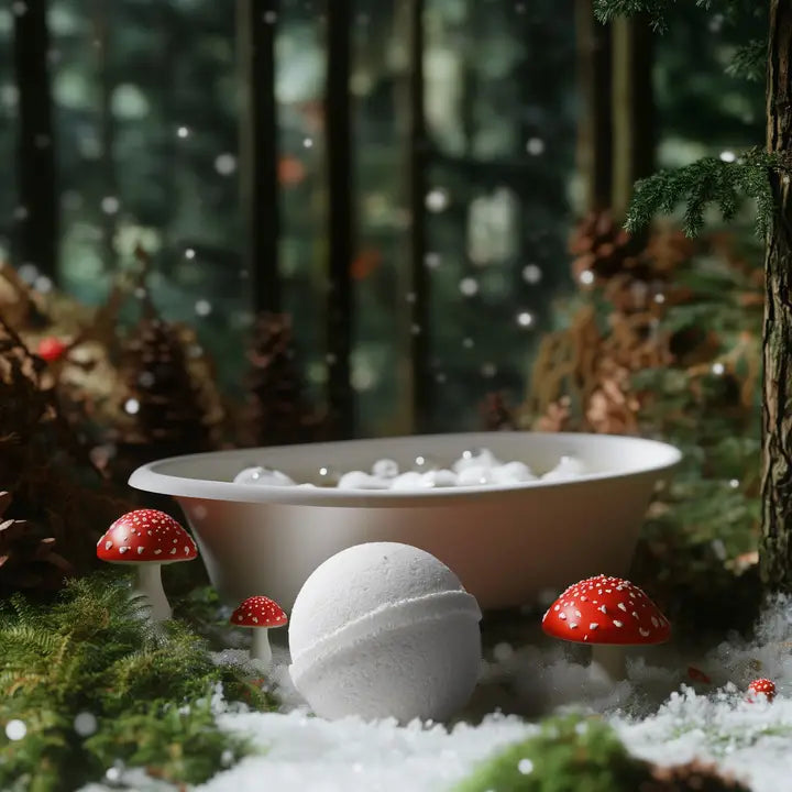 Gnome pine bath bomb in a cozy bath setting surrounded by mushrooms and greenery