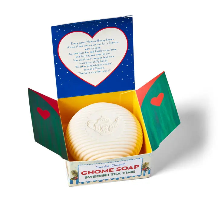 Kalastyle Gnome Swedish tea soap in a colorful box with a heart design and whimsical story inside