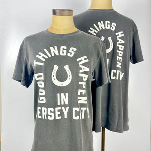 Kanibal & Co. Private Label Good Things Happen in Jersey City shirt in charcoal gray with horseshoe graphic