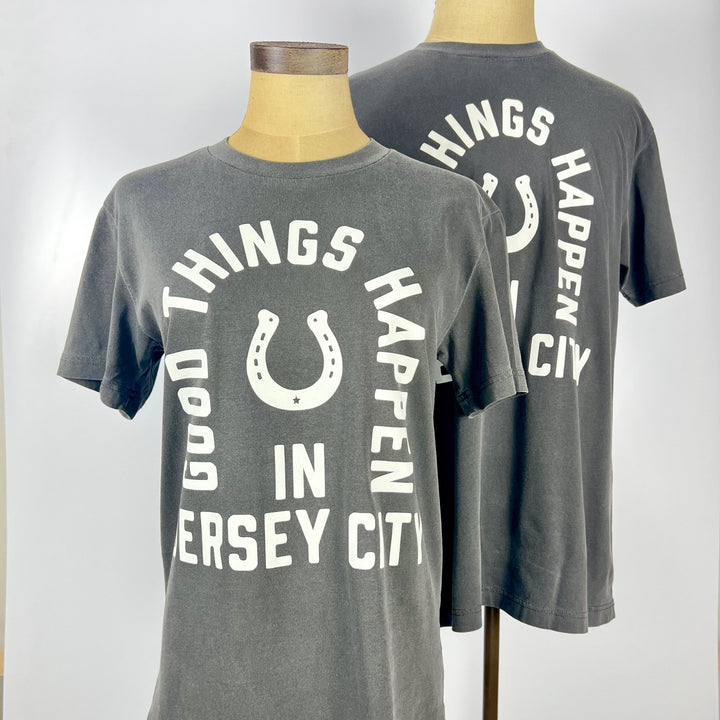 Kanibal & Co. Private Label Good Things Happen in Jersey City shirt in charcoal gray with horseshoe graphic