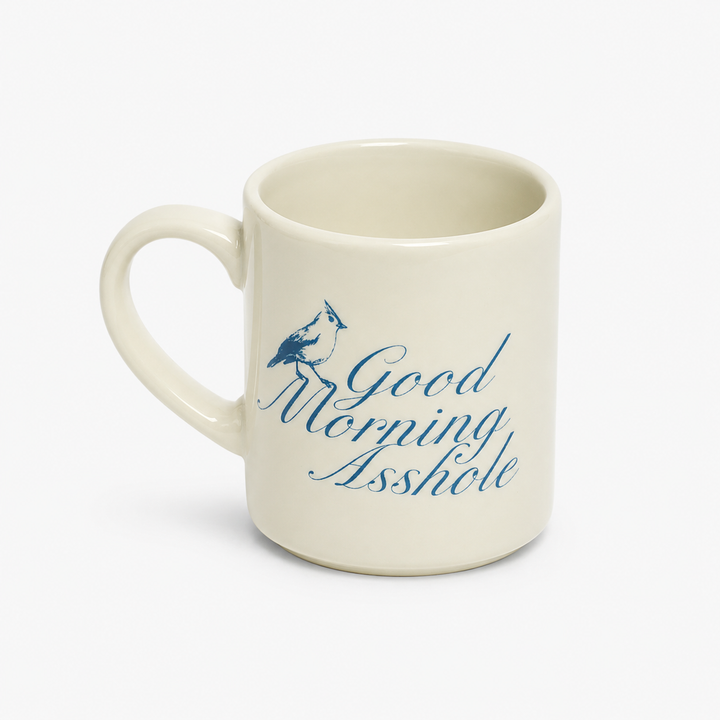 An off-white ceramic coffee mug with a blue bird and the text 'Good Morning Asshole' printed on the side, set against a plain light gray background.