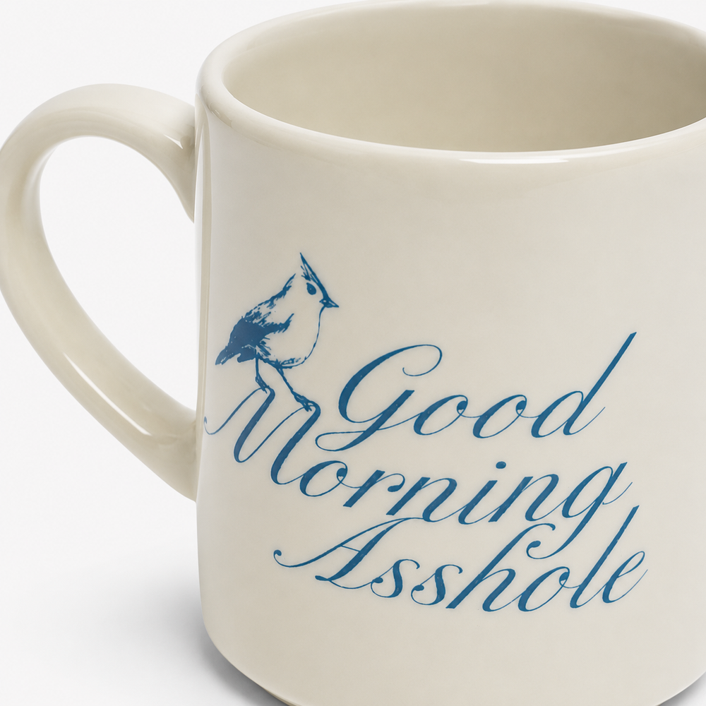 An off-white ceramic mug with a blue printed design featuring a small bird and the cursive text 'Good Morning Asshole' on a clean white background.