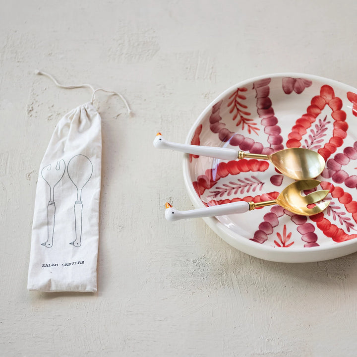 Creative Co-Op Goose Salad Servers with Gold Accents and Matching Serving Bowl for Entertaining