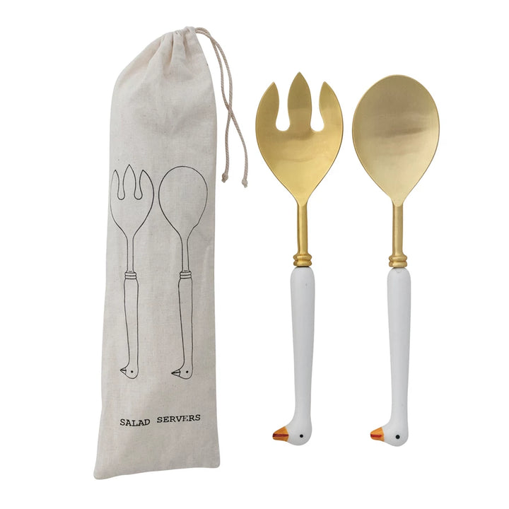 Creative Co-Op Goose Salad Servers with White Handles and Gold Metal Heads for Stylish Serving