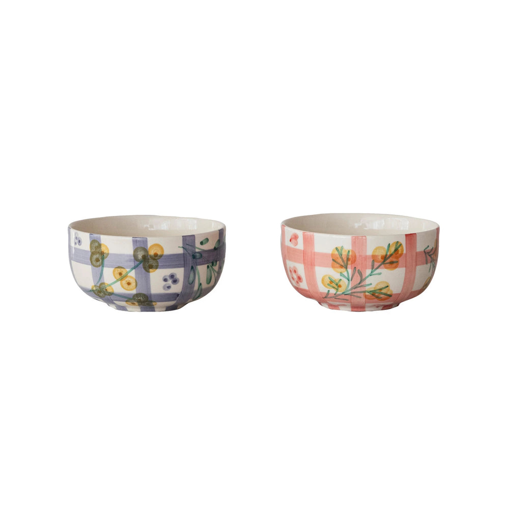 Set of two Creative Co-Op grid pattern ceramic bowls in pastel colors with floral designs
