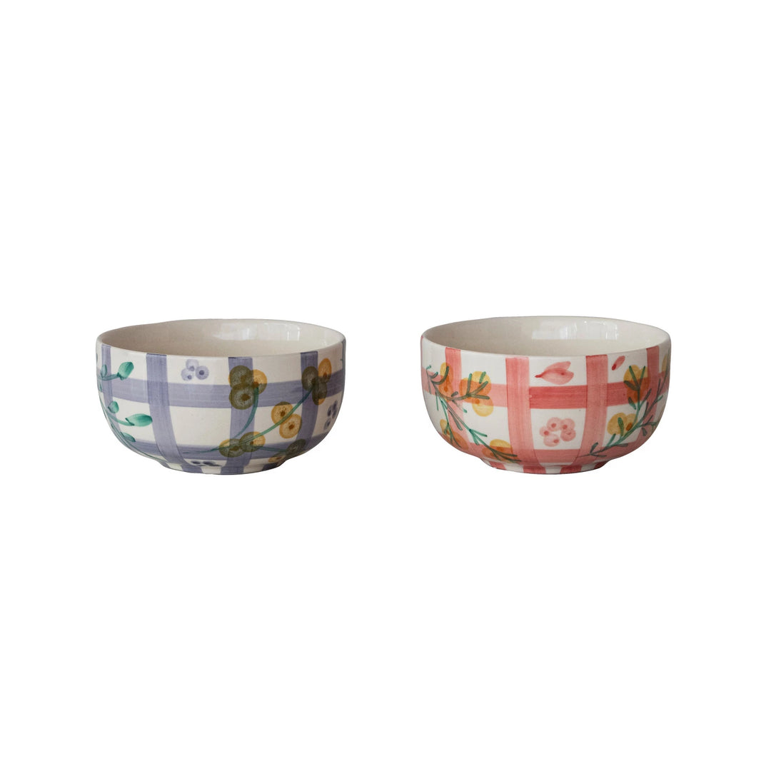 Set of two Creative Co-Op ceramic bowls with a grid pattern ceramic bowl design, featuring floral motifs