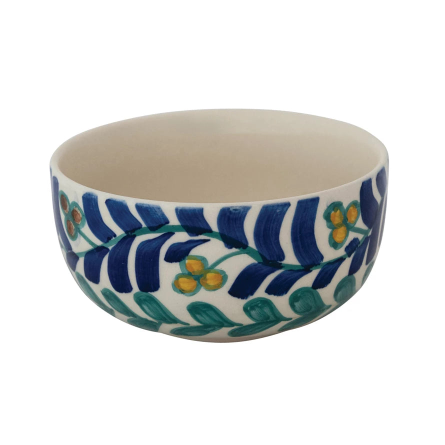 Creative Co-Op hand painted vine bowl featuring colorful floral designs on a white background