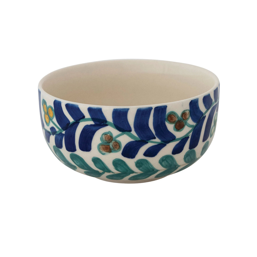 Creative Co-Op hand painted vine bowl featuring colorful floral and leaf designs on a white background