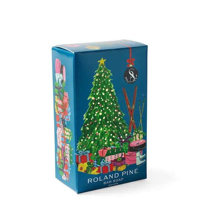 Home for the Holidays gift soap by Soap & Paper Factory featuring festive Roland Pine packaging with a Christmas tree