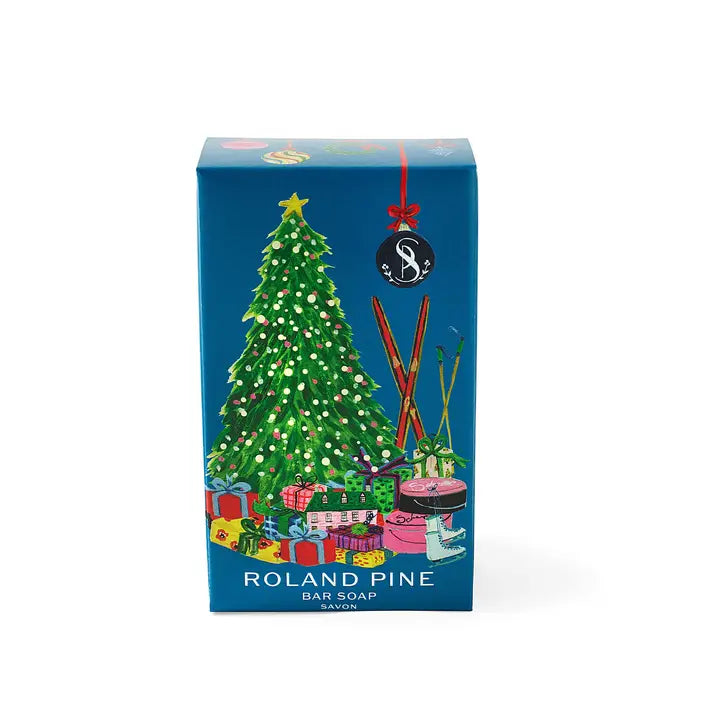 Home for the Holidays gift soap featuring Roland Pine scent in festive packaging with Christmas tree and gifts