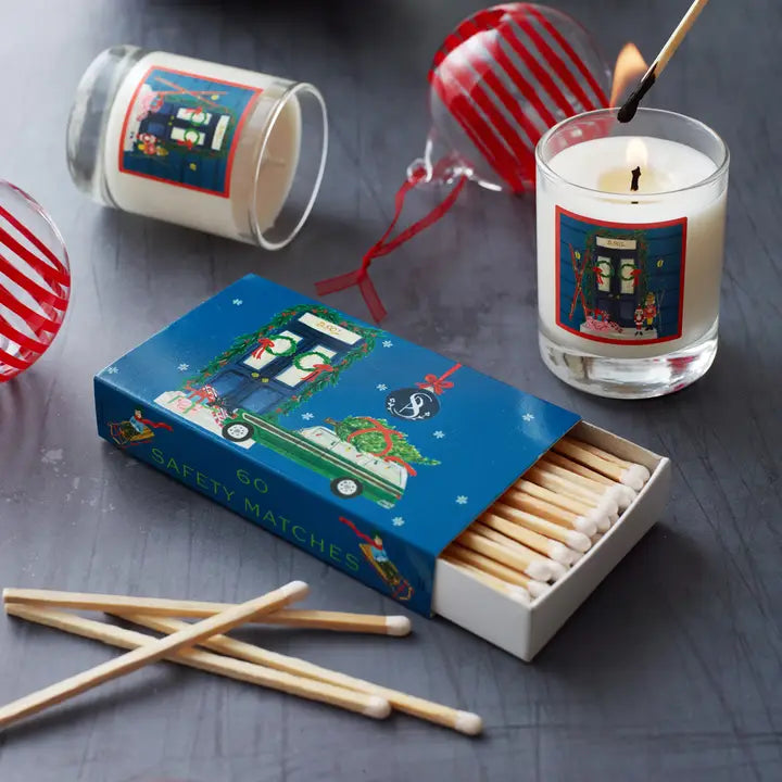 Soap & Paper Factory Home for the holidays matches in a decorative box with safety matches and festive candles