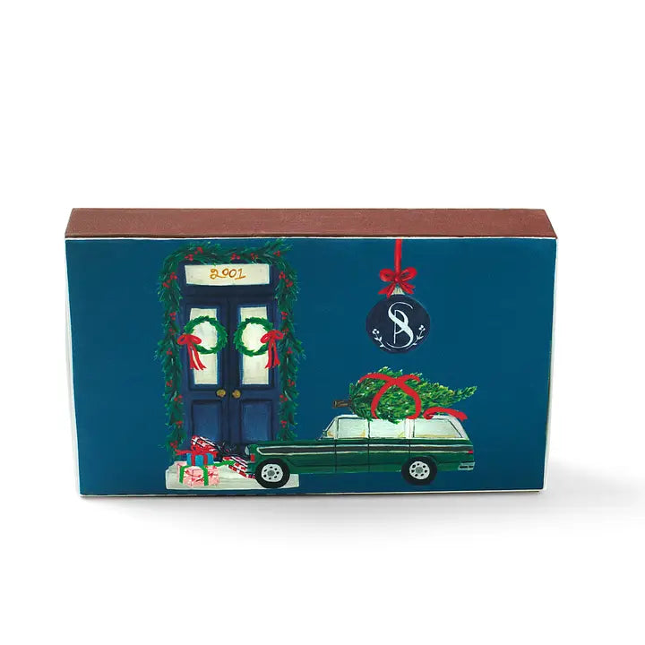 Soap & Paper Factory Home for the holidays matches with festive door and car illustration